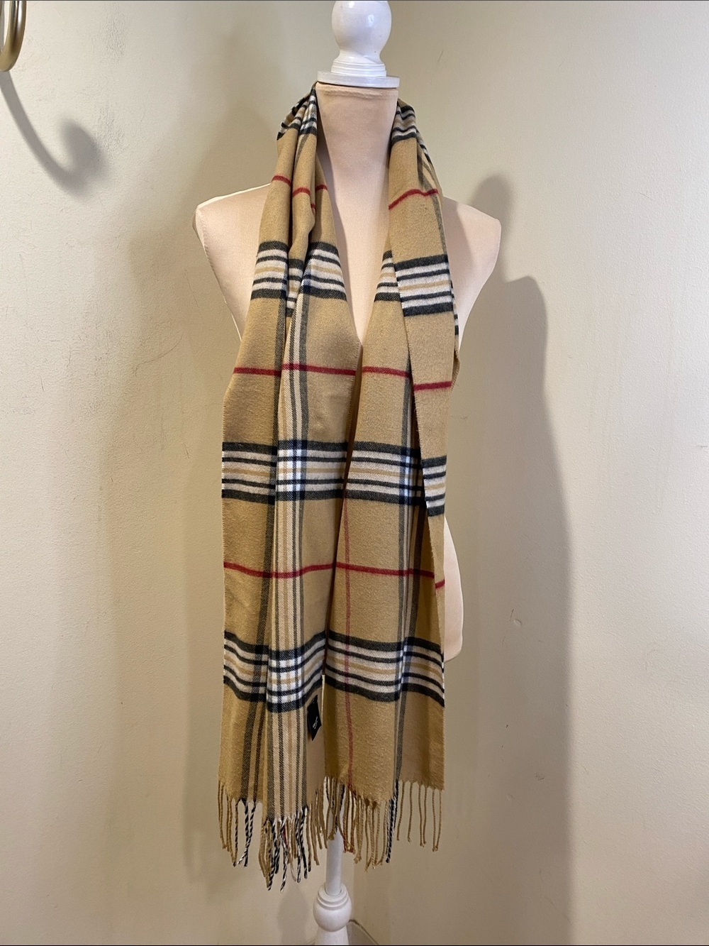 Lord & Taylor Camel Plaid Fringe Wrap Scarf